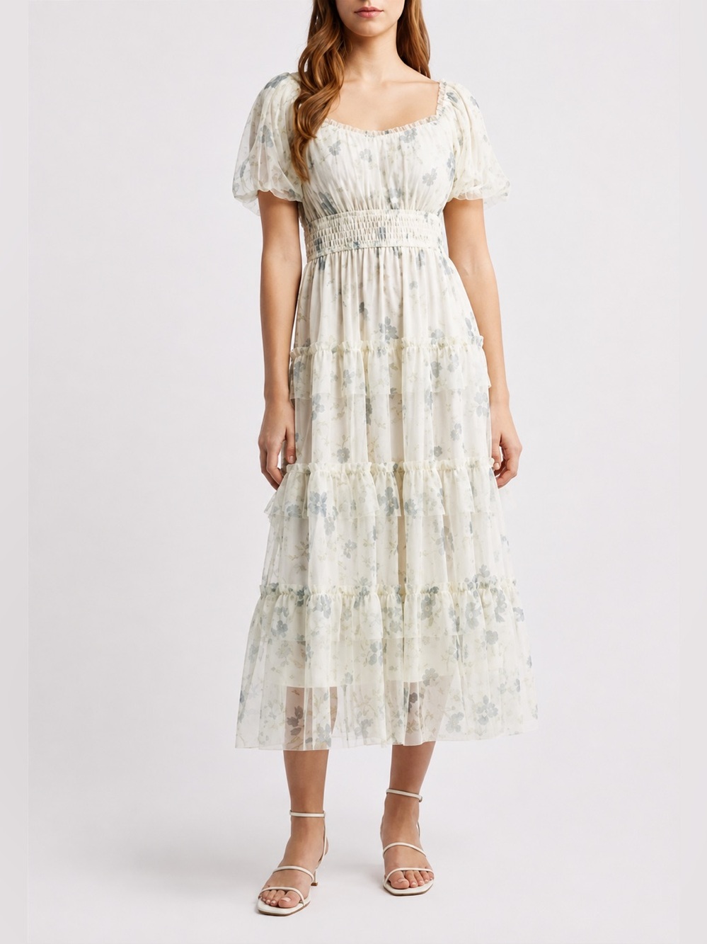 MOON RIVER Floral Short Sleeve Tiered Mesh Midi Dress Ivory Multi Size M